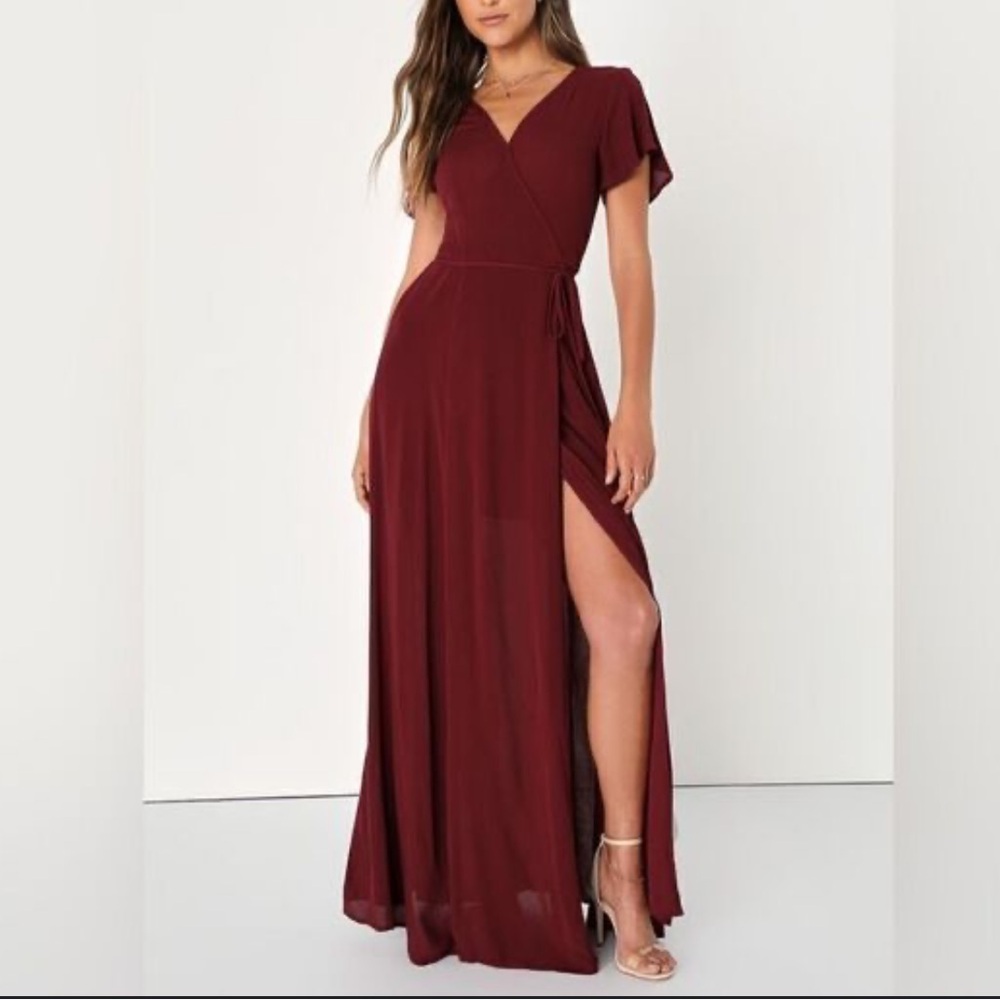 Lulu's Burgundy High Low Flutter Sleeve Wrap Dress Size Small